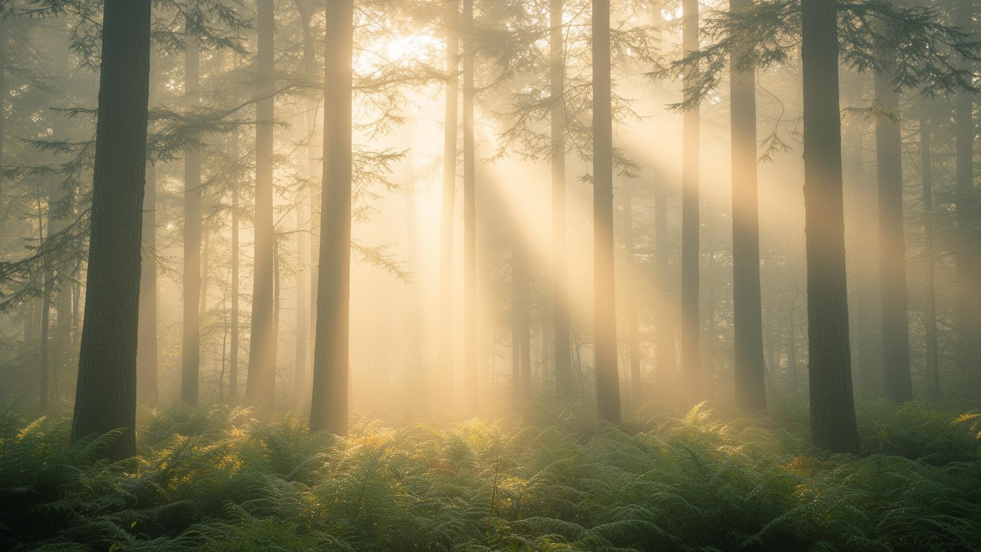 Soft morning sunlight filtering through a quiet forest